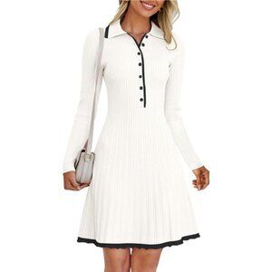 Women's Long Sleeve V Neck Sweater Fall Button Ribbed‎ Knit Pleated Mini Dresses